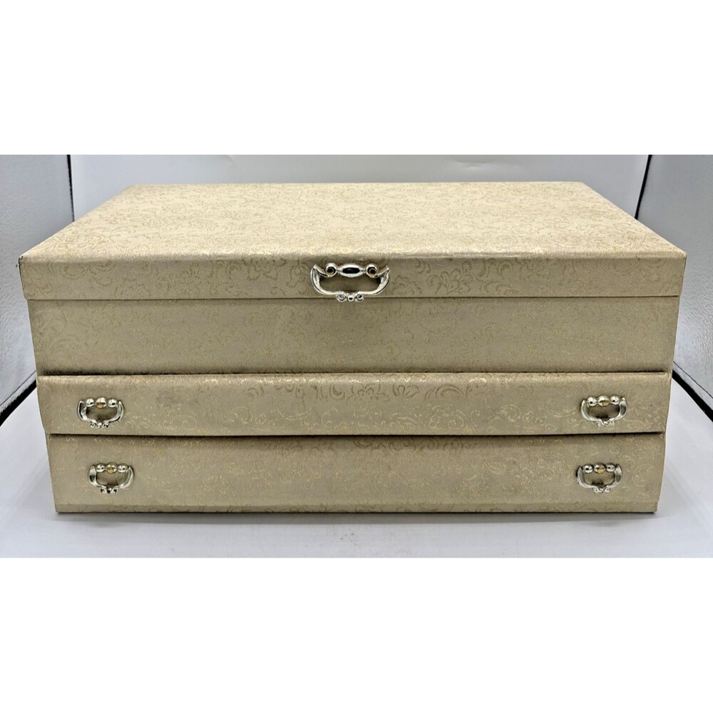 Vintage Lady Buxton 2 Drawer 4 Level Gold/Yellow/Beige Jewelry Box USA 16'X7"x8"